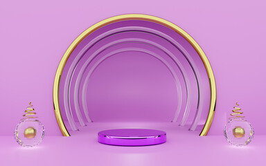 Obraz premium Podium with geometric shapes empty in purple or violet composition for modern stage display and minimalist mockup ,abstract showcase background ,Concept 3d illustration or 3d render
