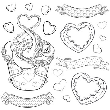 Vector set of stylized octopus dessert, heart shaped cookies, patterned ribbons and small hearts. Line art illustrations for your Valentine’s Day, nautical or birthday party and other fiction designs