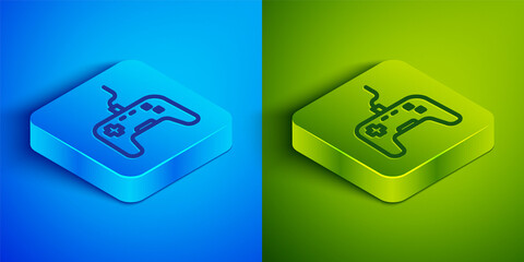 Isometric line Gamepad icon isolated on blue and green background. Game controller. Square button. Vector. © Kostiantyn