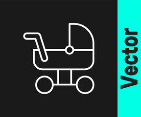 White line Baby stroller icon isolated on black background. Baby carriage, buggy, pram, stroller, wheel. Vector.