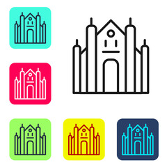 Black line Milan Cathedral or Duomo di Milano icon isolated on white background. Famous landmark of Milan, Italy. Set icons in color square buttons. Vector.