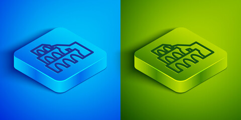 Isometric line Coliseum in Rome, Italy icon isolated on blue and green background. Colosseum sign. Symbol of Ancient Rome, gladiator fights. Square button. Vector.