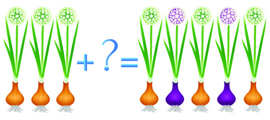 Action relationship of addition, examples with plant onion. Educational game for children.