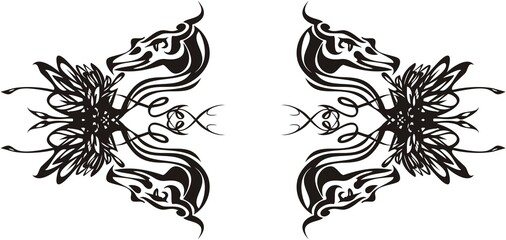 Invitation card with bird and floral elements. Floral and bird motifs for invitation cards, decorative elements, etc. Black and White