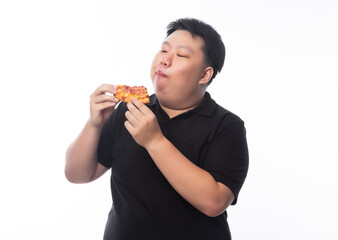 Young Funny Fat Asian man eating hawaiian pizza isolated on white background, Unhealthy concept.