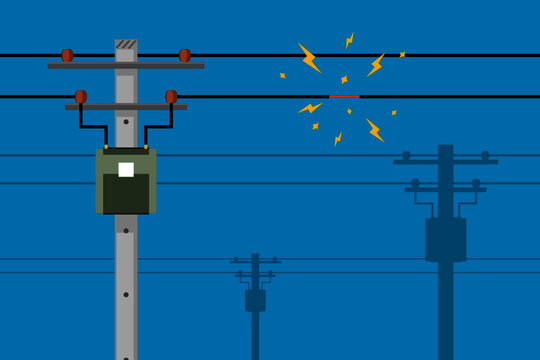 Short Circuiting Of Damaged Electrical Wires With Fire Spark On Electricity Poles And Blue Background Flat Vector.