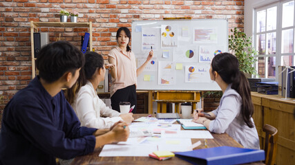Fototapeta premium Young casual Asian businesswoman leader asking for opinion in meeting while making presentation. elegant employee conducting presentation to colleagues in boardroom. male and female teamwork partners