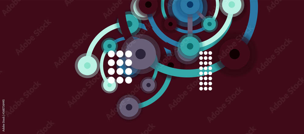 Poster flat style geometric abstract background, round dots or circle connections on color background. tech