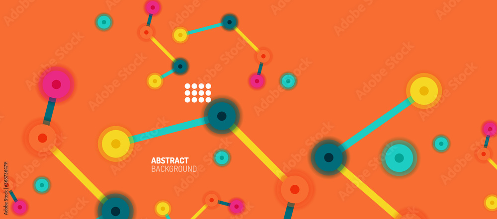 Poster flat style geometric abstract background, round dots or circle connections on color background. tech