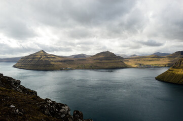 Amazing view in Faroe Islands (Denmark, Europe). Beautiful Panoramic Scene Of Nordic Islands