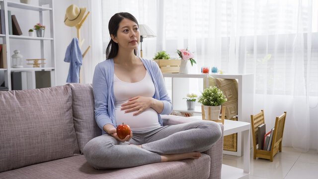 Beautiful Young Pregnant Woman Eating Apple In Couch At Home Cozy Living Room. Asian Korean Smiling Lady In Maternity Holding Fresh Healthy Fruit And Relaxing In Couch. Future Mom With Hand On Belly