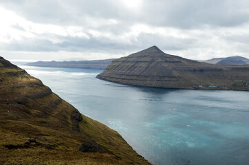 Amazing view in Faroe Islands (Denmark, Europe). Beautiful Panoramic Scene Of Nordic Islands