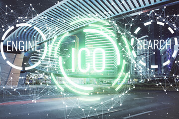 Multi exposure of cryptocurrency theme hologram drawing and city veiw background. Concept of...