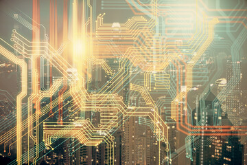 Map and data theme hologram on city view with skyscrapers background double exposure. International technology in business concept.