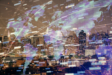 Data theme hologram drawing on city view with skyscrapers background double exposure. Ai concept.
