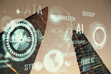 Data theme hologram drawing on city view with skyscrapers background double exposure. Ai concept.