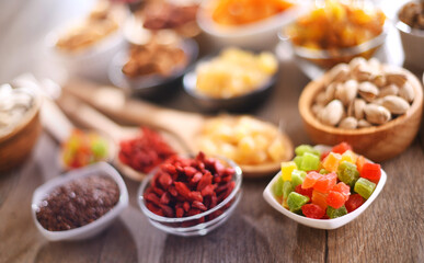 Composition with dried fruits and assorted nuts. Delicacies