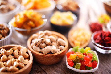 Composition with dried fruits and assorted nuts. Delicacies
