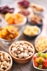 Composition with dried fruits and assorted nuts. Delicacies