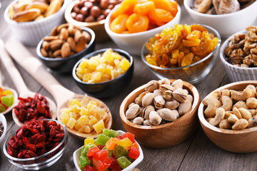 Composition with dried fruits and assorted nuts. Delicacies