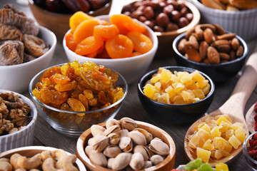 Composition with dried fruits and assorted nuts. Delicacies