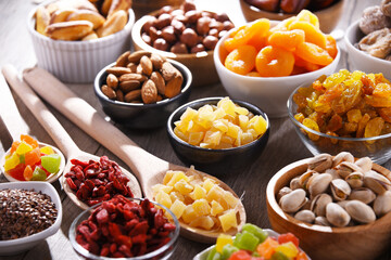 Composition with dried fruits and assorted nuts. Delicacies