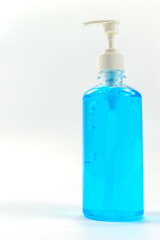 Alcohol gel bottles for hand washing. Disinfecting alcohol. Handwashing alcohol has a clear blue color on a white background.