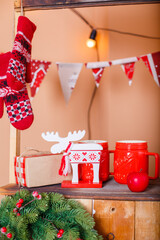 Traditional Christmas decor. Wooden statuette of Christmas deer