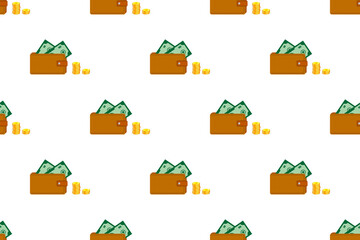 Leather wallet, purse with a stack of gold coins. Seamless ornament, pattern, background and template. Vector