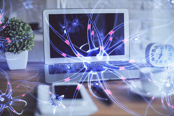 Desktop computer background and neuron drawing. Double exposure. Education concept.