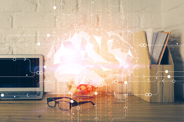 Double exposure of desktop computer and human brain drawing hologram. Ai concept.