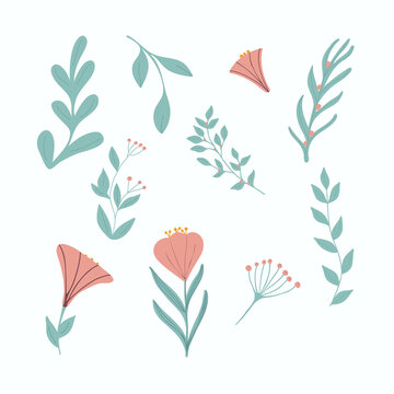 Leaves and flowers, Hugge style. Vector. Isolated on white background. Minimalism. Free hand drawing.