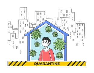 Person staying at home. Man in protective mask surrounded by corona virus, distancing in house. illustration for isolation, quarantine, protection, infection concept
