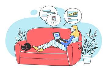 Beautiful woman sitting at sofa with laptop flat illustration. Young girl relaxing at home and watching movies via computer. Digital technology and entertainment concept