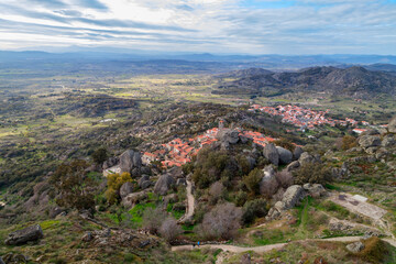 Fototapeta na wymiar Aerial view of Portuguese countryside and ancient historic village of Monsanto around big granitic boulders. Travel Portugal.