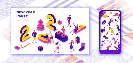 Isometric illustration of 2021 new year dance party, dj playing disco at night event, holiday banner, gift icon, happy people enjoy music, 3d vector purple background