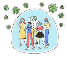 Crowd of people isolated from virus. Men and women wearing protective mask, staying in bubble surrounded by coronavirus. illustration for isolation, quarantine, human protection concept