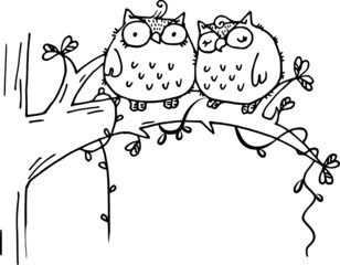 vector cartoon two owls on the tree