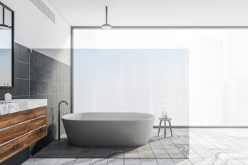 Fototapeta na wymiar White black panoramic bathroom with tub