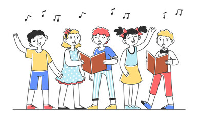 Kids choir singing cheerful song flat illustration. Group of children singing together in church. Activity and friendship concept
