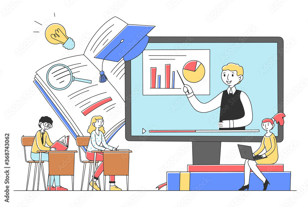 Aufkleber students learning online course via computer flat illustration. teacher explaining lesson or course 