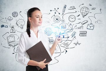 Woman with clipboard and business education