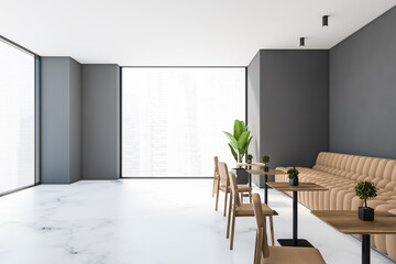 Fototapeta premium Gray cafe interior with sofas