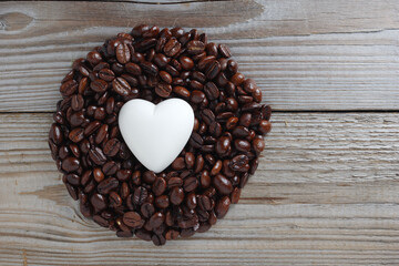 Roasted coffee beans and heart