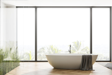 Panoramic wooden floor bathroom with tub