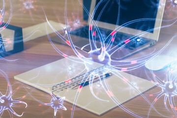 Desktop computer background and neuron drawing. Double exposure. Education concept.