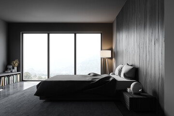 Grey and wooden bedroom, side view