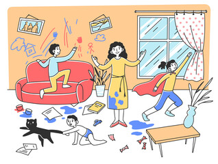 Calm mother meditating in chaos flat illustration. Mischievous and naughty children playing and destroying room. Parenting and behavior concept