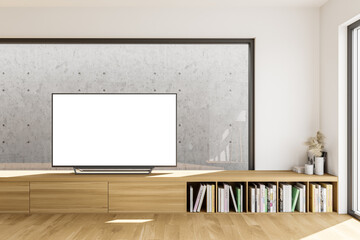 White and wooden room with TV
