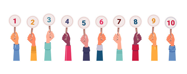 Isolated hands with score. Vector hand holding scorecards. Jury committee showing mark or voting. Icon for math education. Competition score and number sign, result card and numeric figure theme